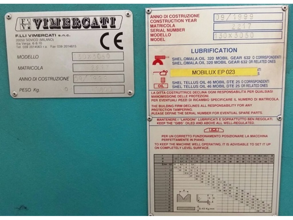 Pressa Piegatrice F.lli Vimercati Mod. 130 x 3050 CE in vendita - foto 3