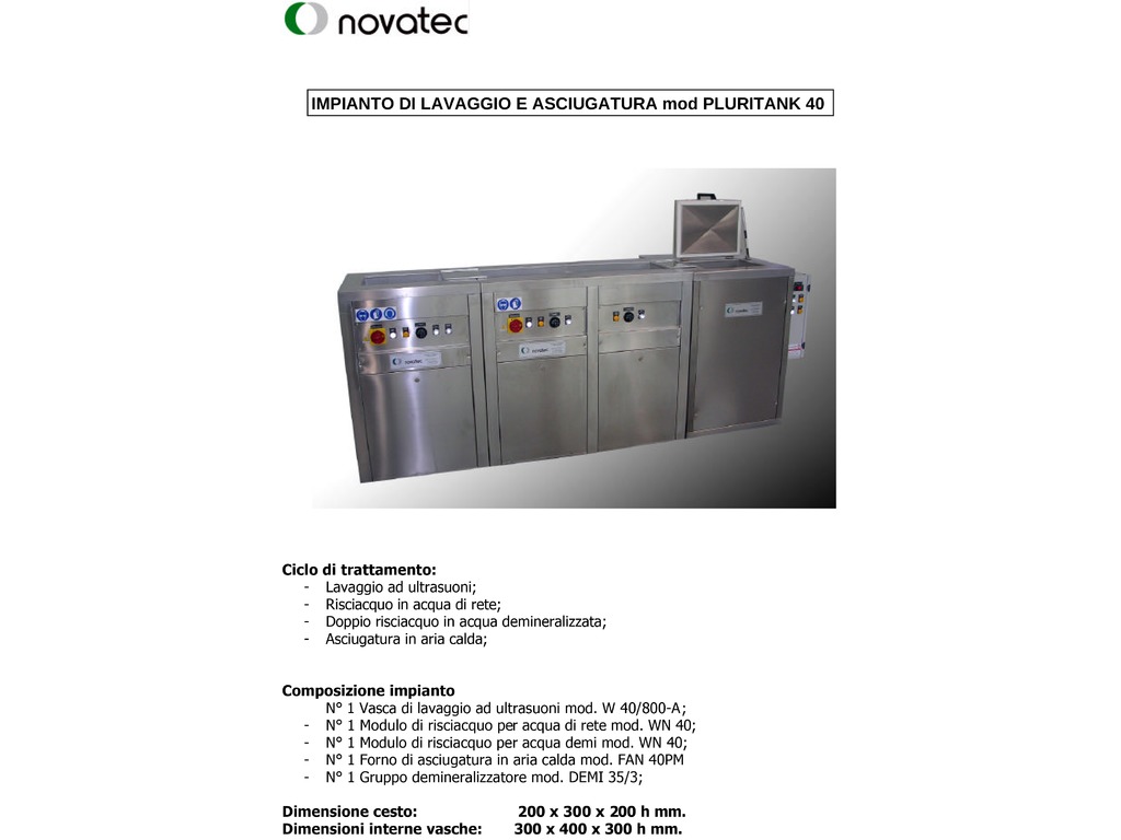 IMPIANTO DI LAVAGGIO AD ULTRASUONI E ASCIUGATURA - NOVATEC mod. PLURITANK 40 in vendita - foto 3
