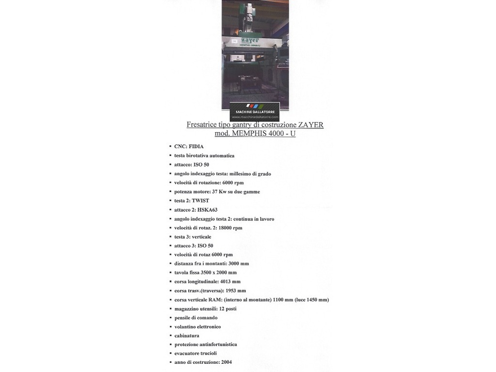FRESATRICE A PORTALE ZAYER MEMPHYS 4000-U CAMBIO TESTE AUTOMATICO in vendita - foto 6