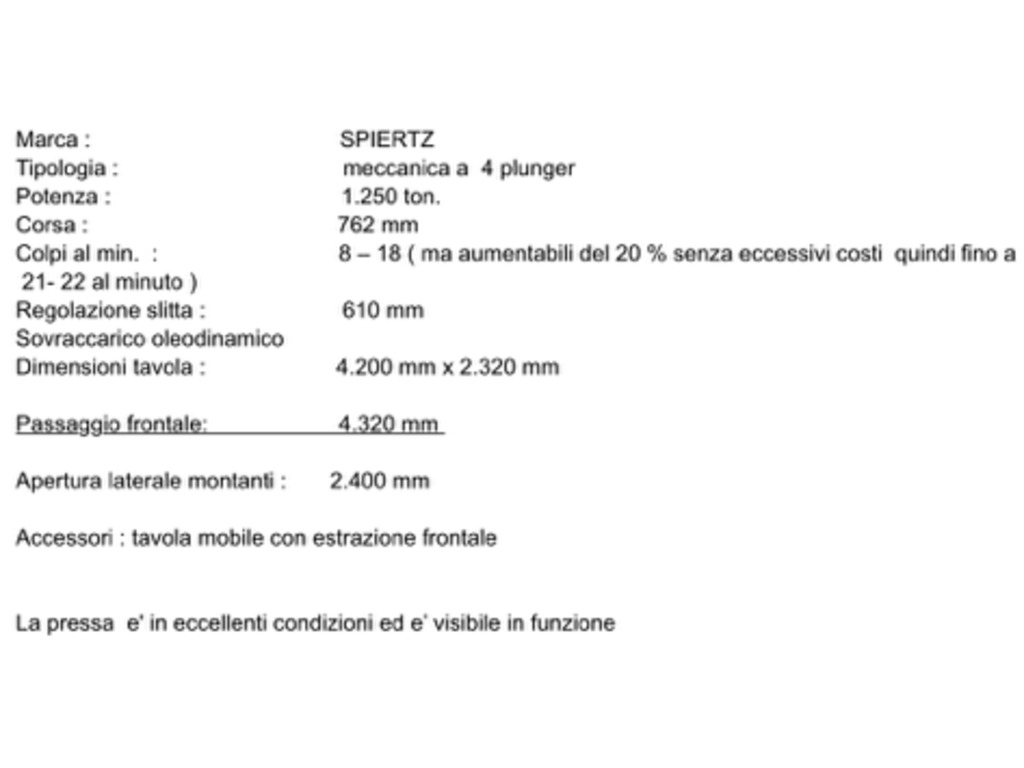 Pressa Spiertz 1250 ton.Tavola estraibile da 4200x2320 in vendita - foto 3